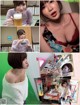 A collage of photos of a woman drinking a beer.